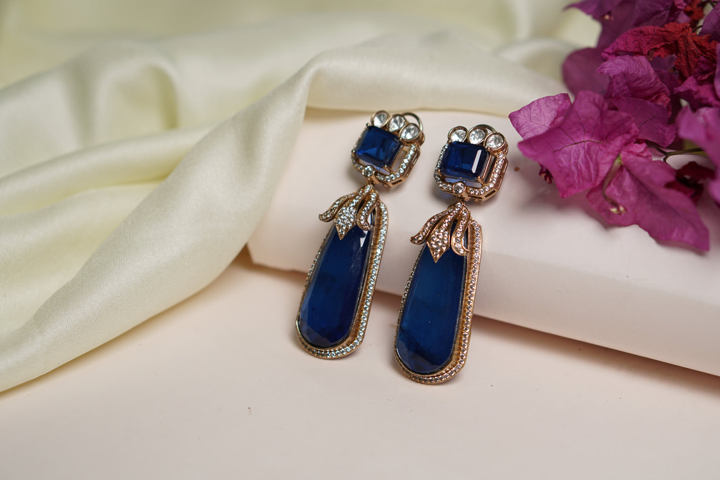 Blue Stone long Polki Earrings H1-083