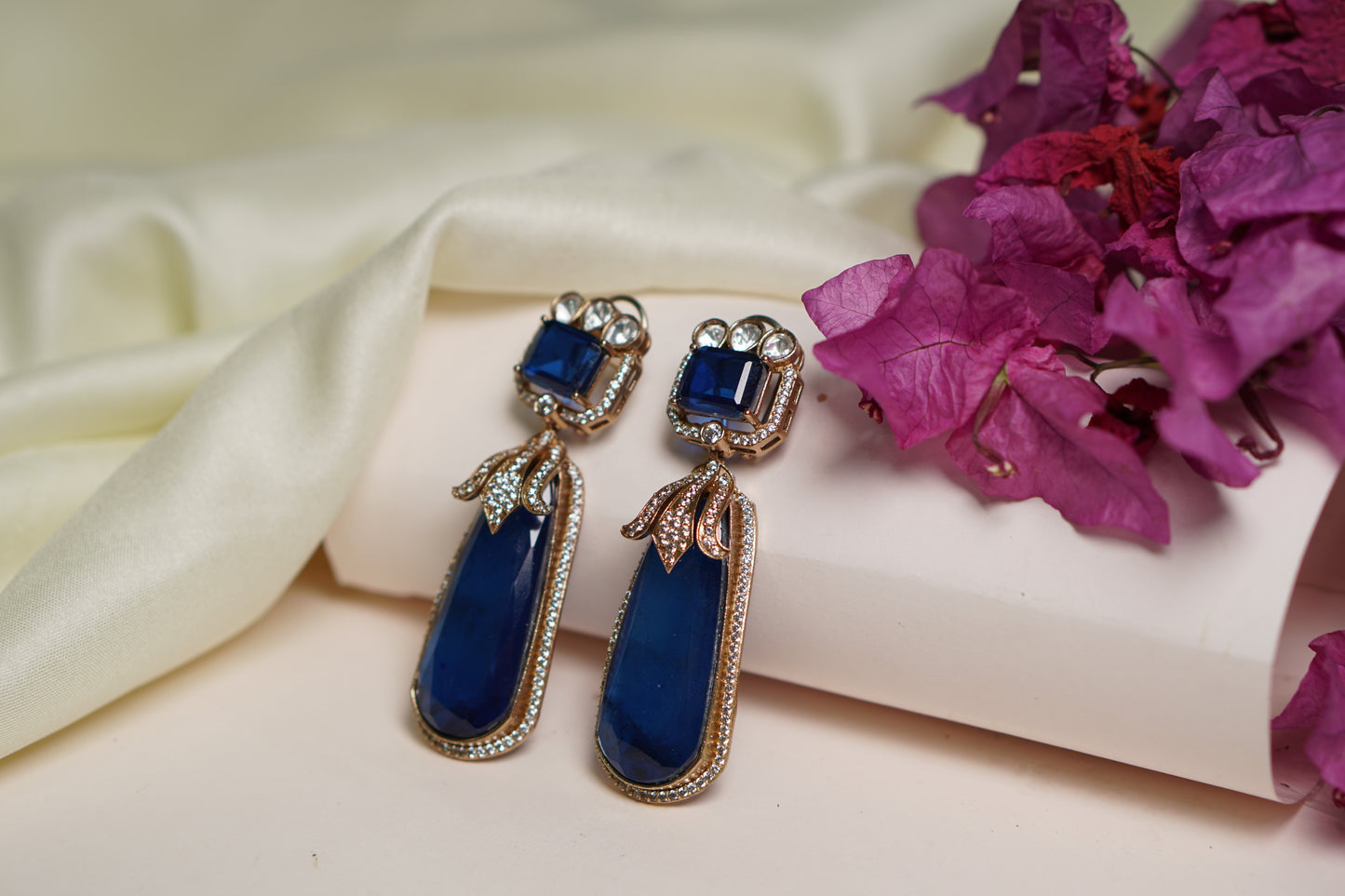 Blue Stone long Polki Earrings H1-083