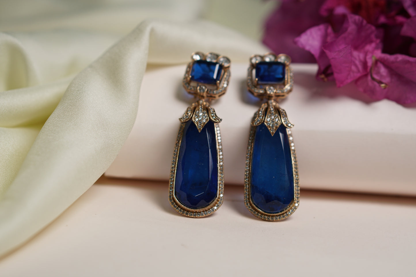 Blue Stone long Polki Earrings H1-083