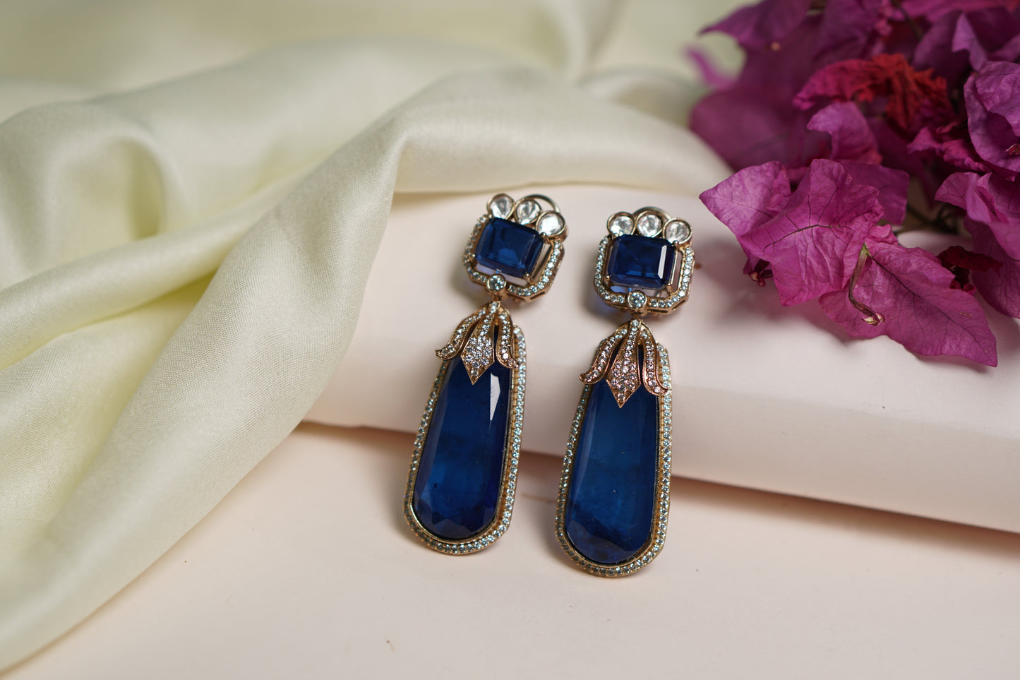 Blue Stone long Polki Earrings H1-083