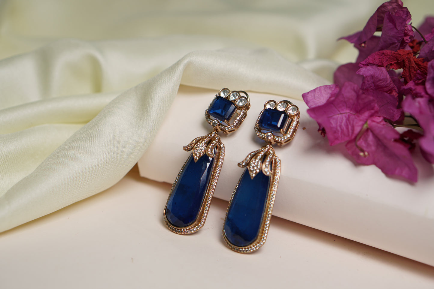 Blue Stone long Polki Earrings H1-083