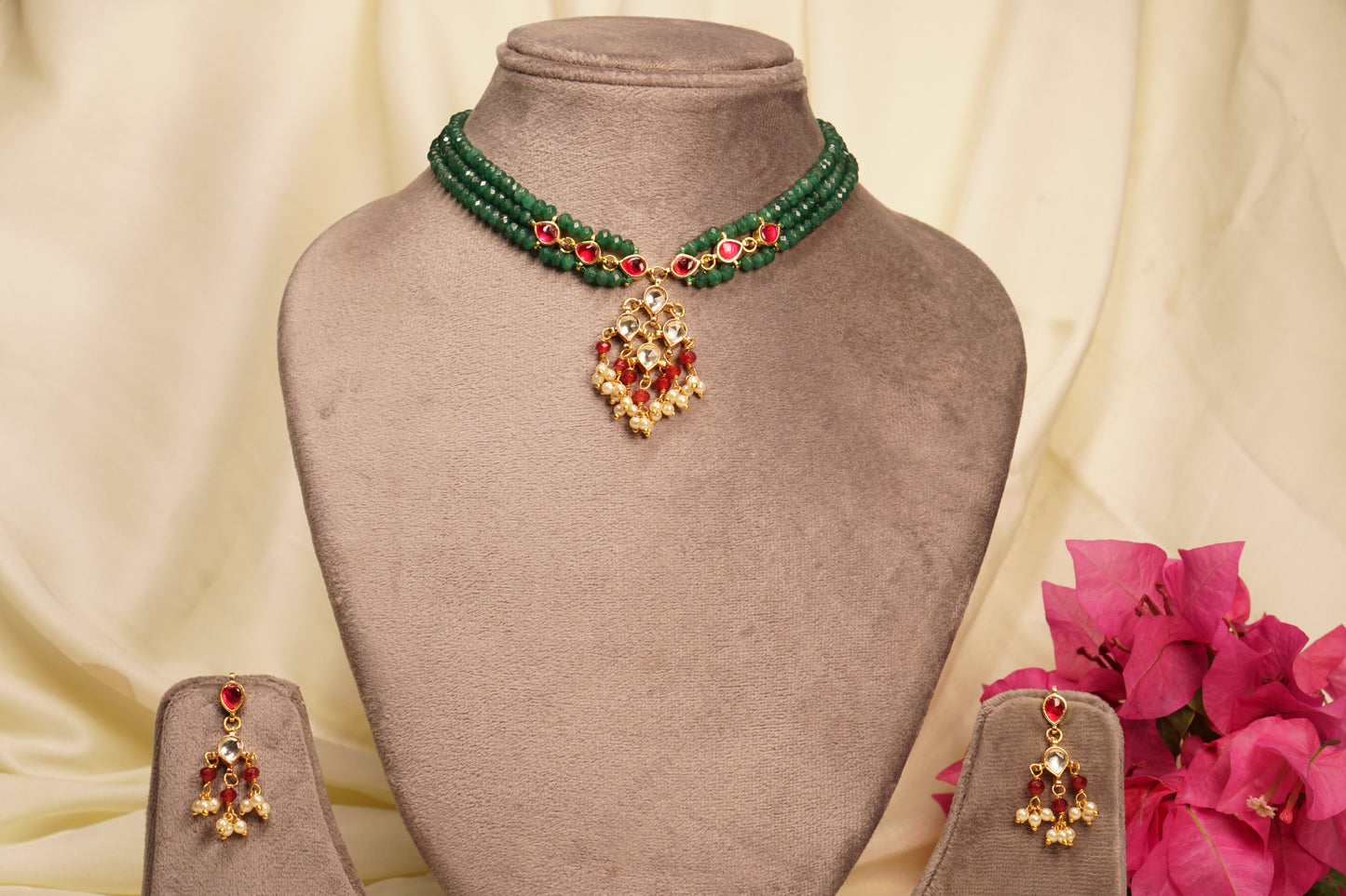 Green  Beads Kundan Necklace Set 4-8106