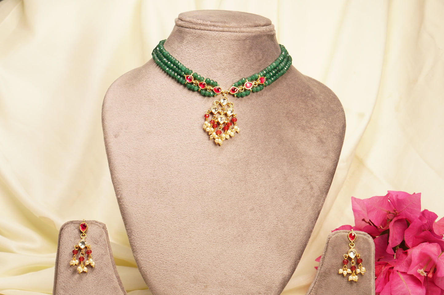 Green  Beads Kundan Necklace Set 4-8106