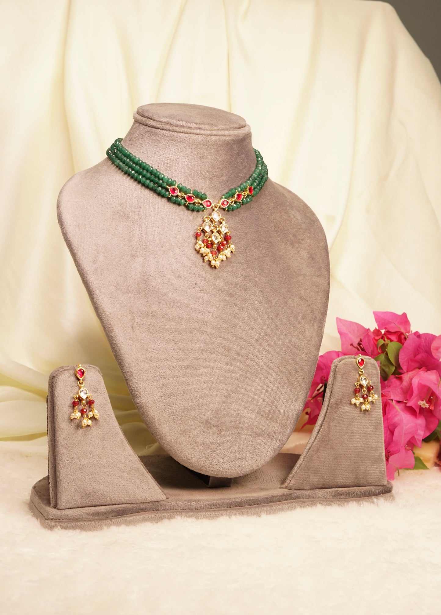 Green  Beads Kundan Necklace Set 4-8106
