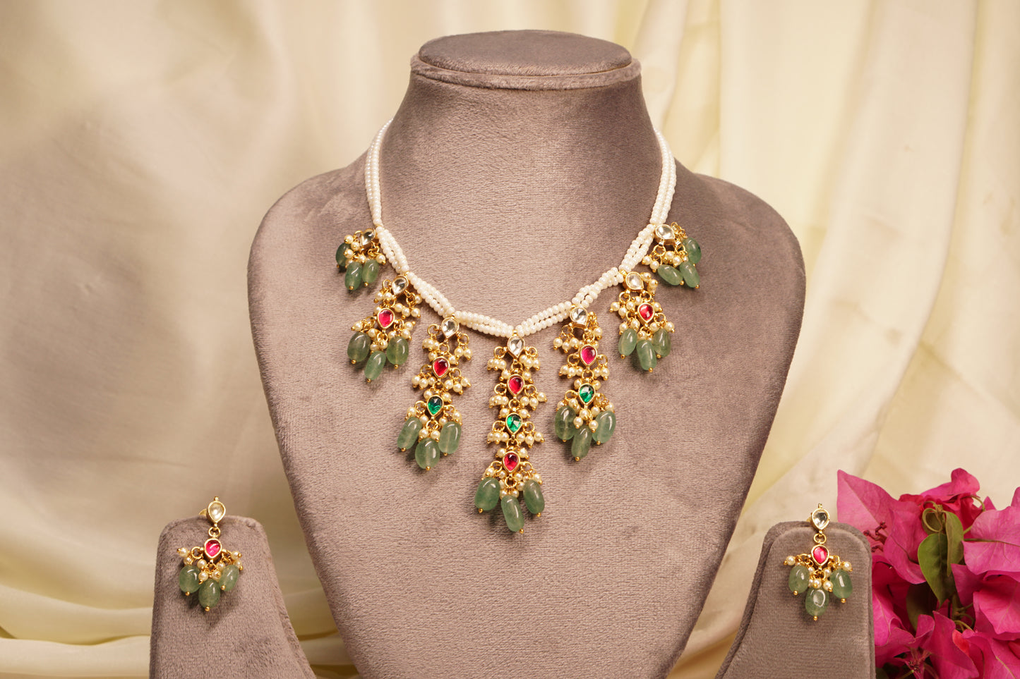 Mint Beads Kundan Necklace Set 4-8107