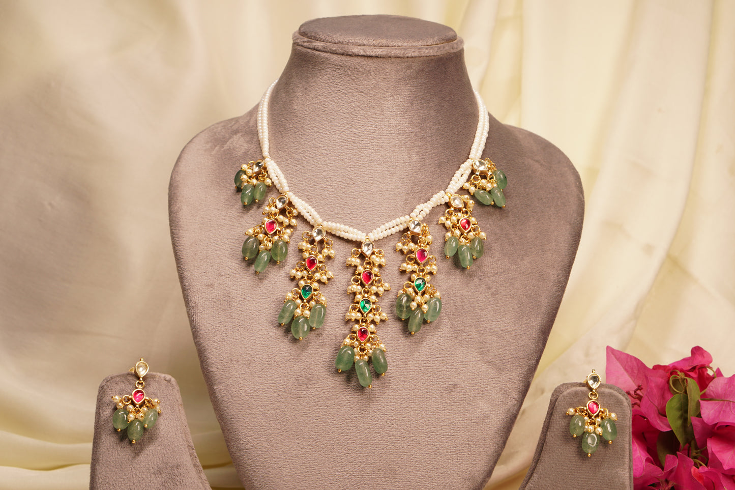 Mint Beads Kundan Necklace Set 4-8107