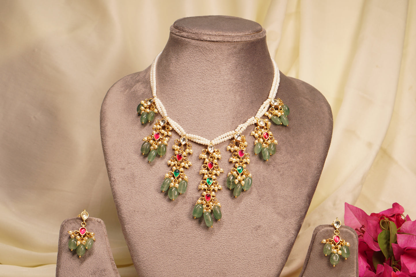 Mint Beads Kundan Necklace Set 4-8107