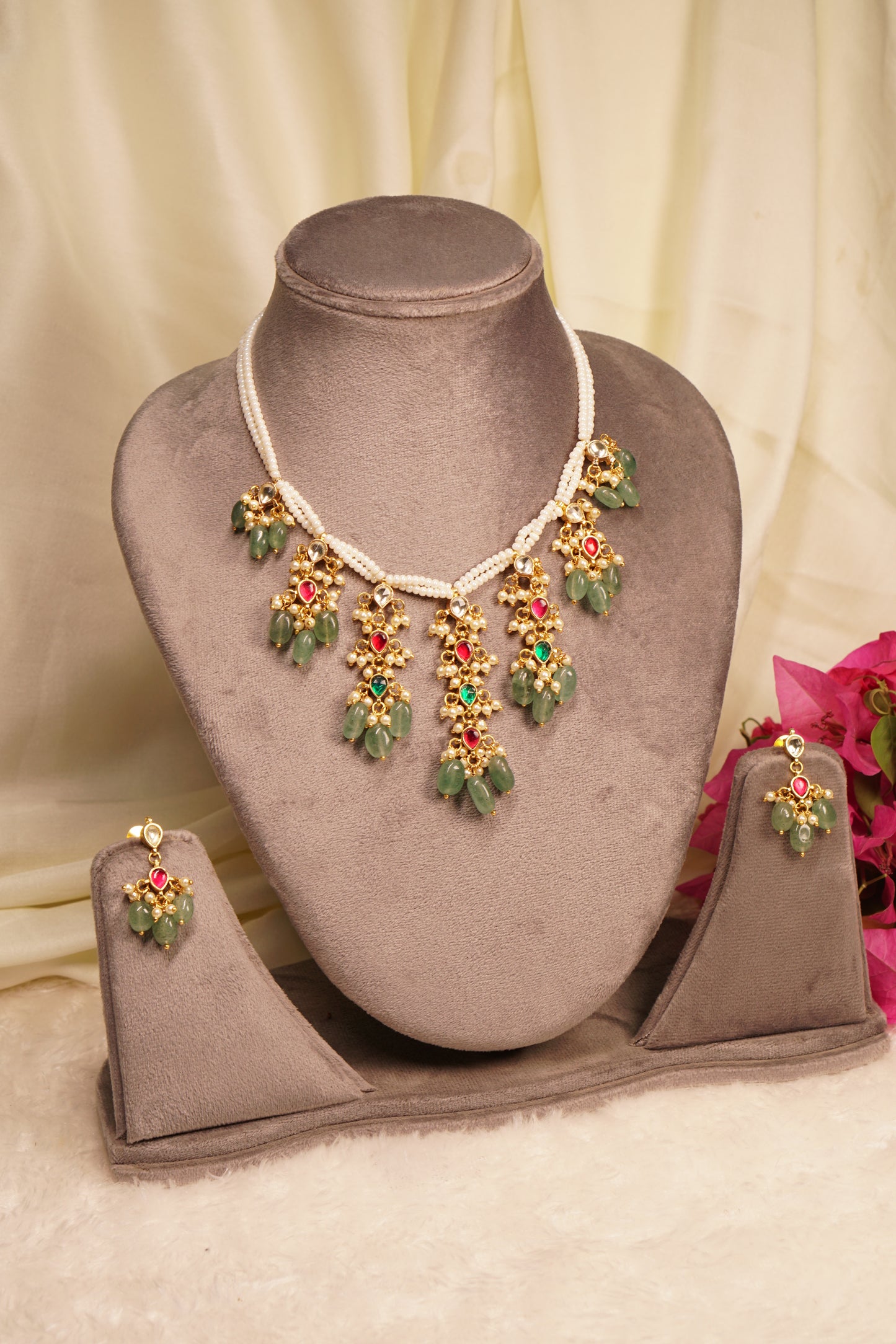 Mint Beads Kundan Necklace Set 4-8107