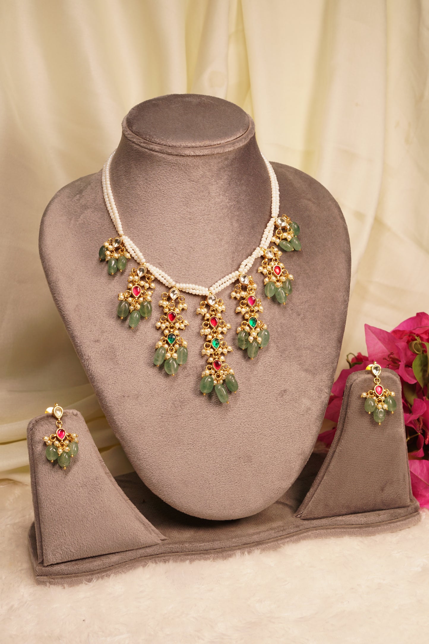 Mint Beads Kundan Necklace Set 4-8107