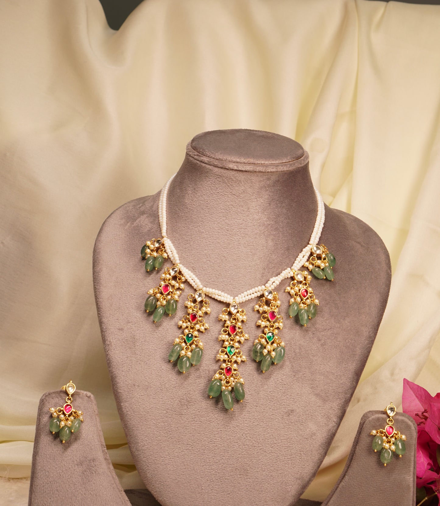 Mint Beads Kundan Necklace Set 4-8107
