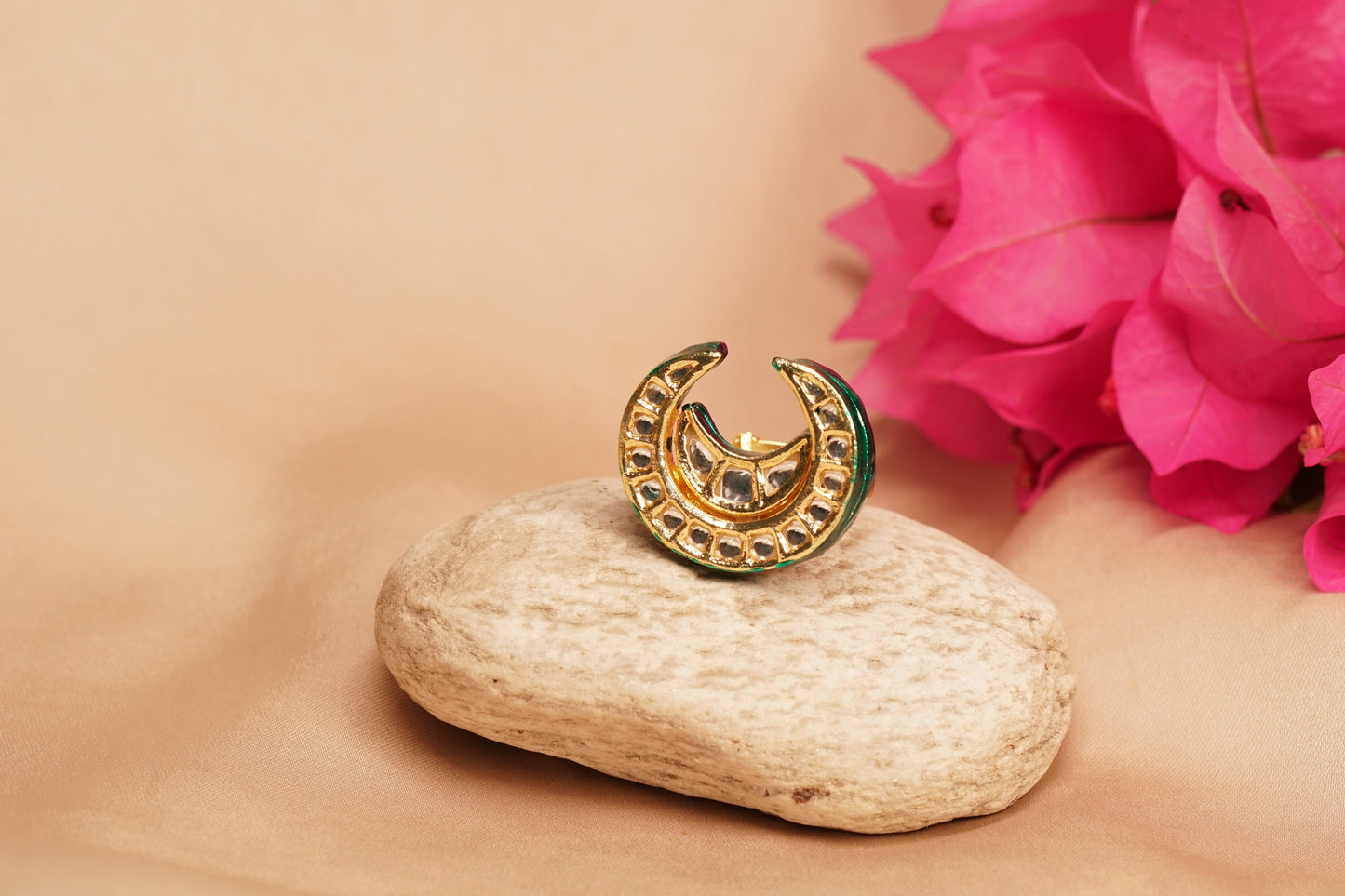 Gold Polish Faux Kundan Chaand Ring with back Meenakari work (H1-024)