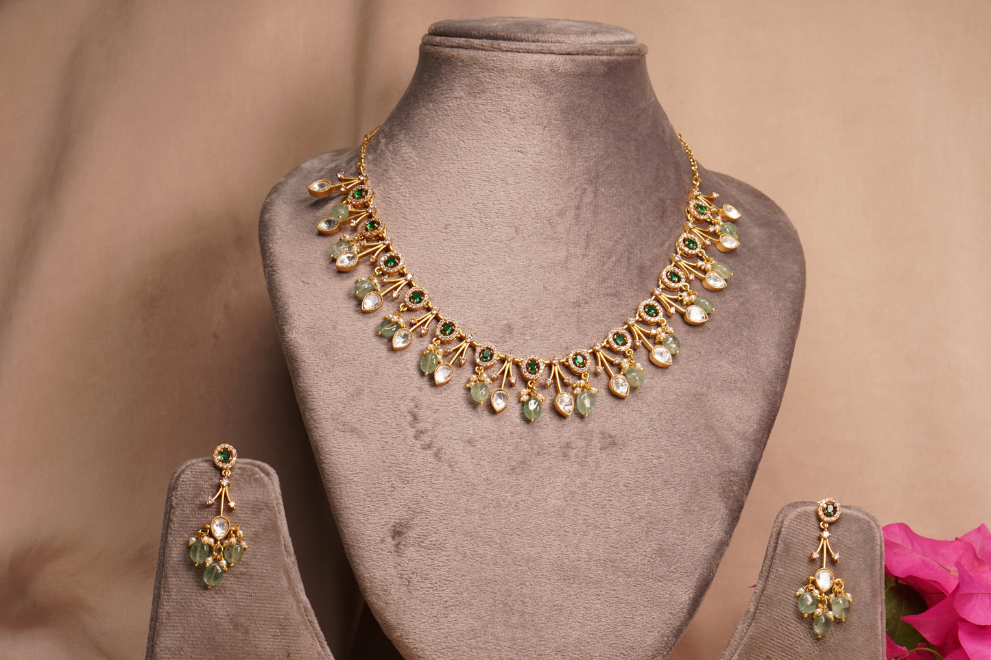 Green polki necklace set 4-7958