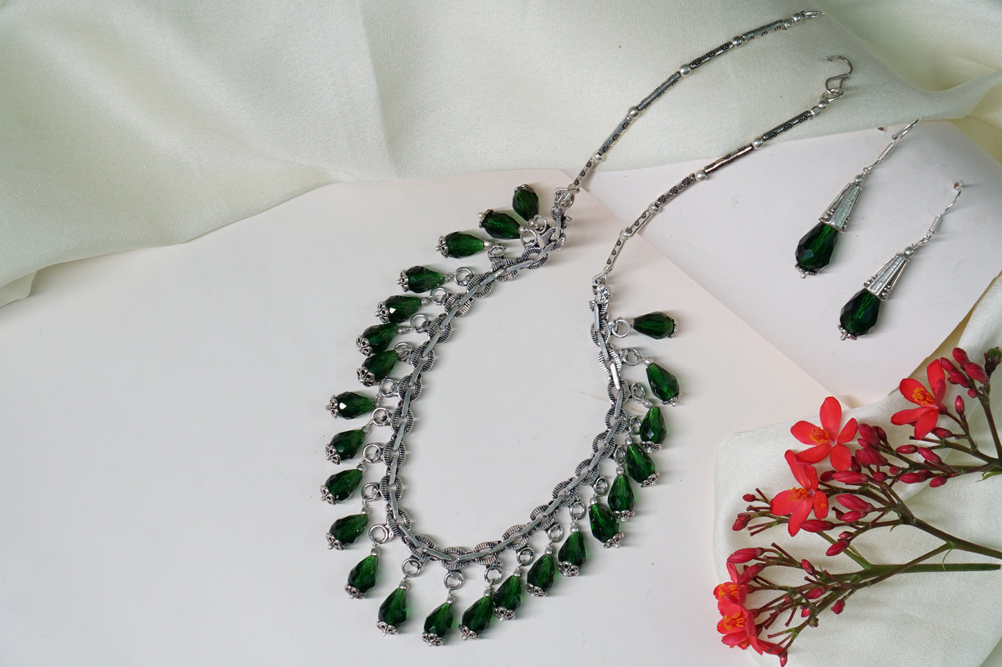 Dark green beads oxidised necklace set 4-6508