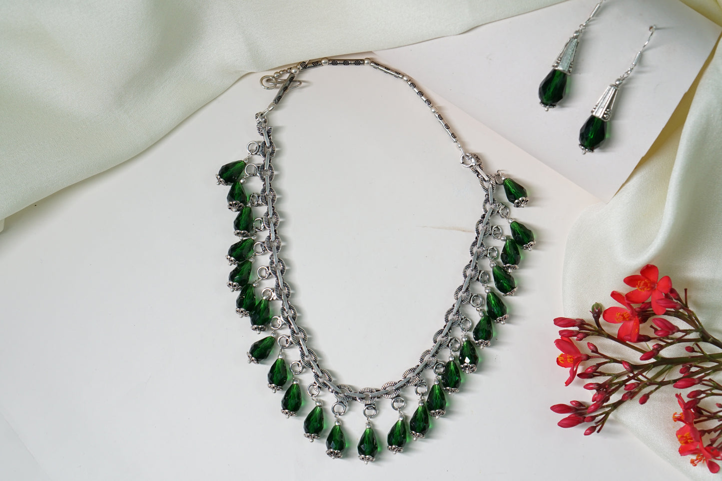 Dark green beads oxidised necklace set 4-6508