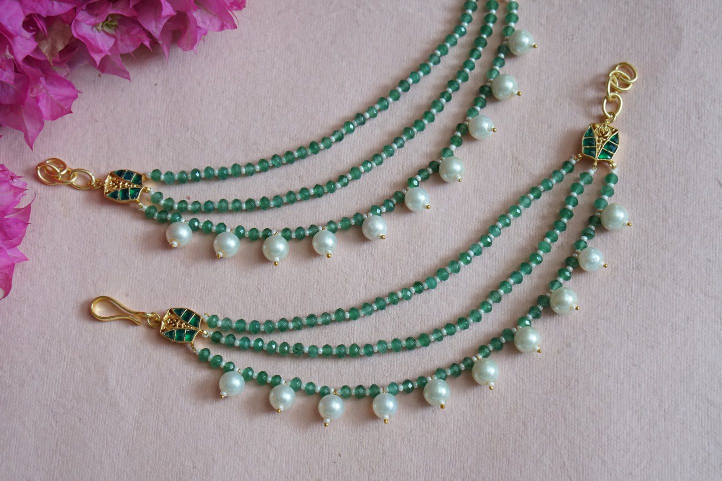 Green beads 3line earchain H1-144