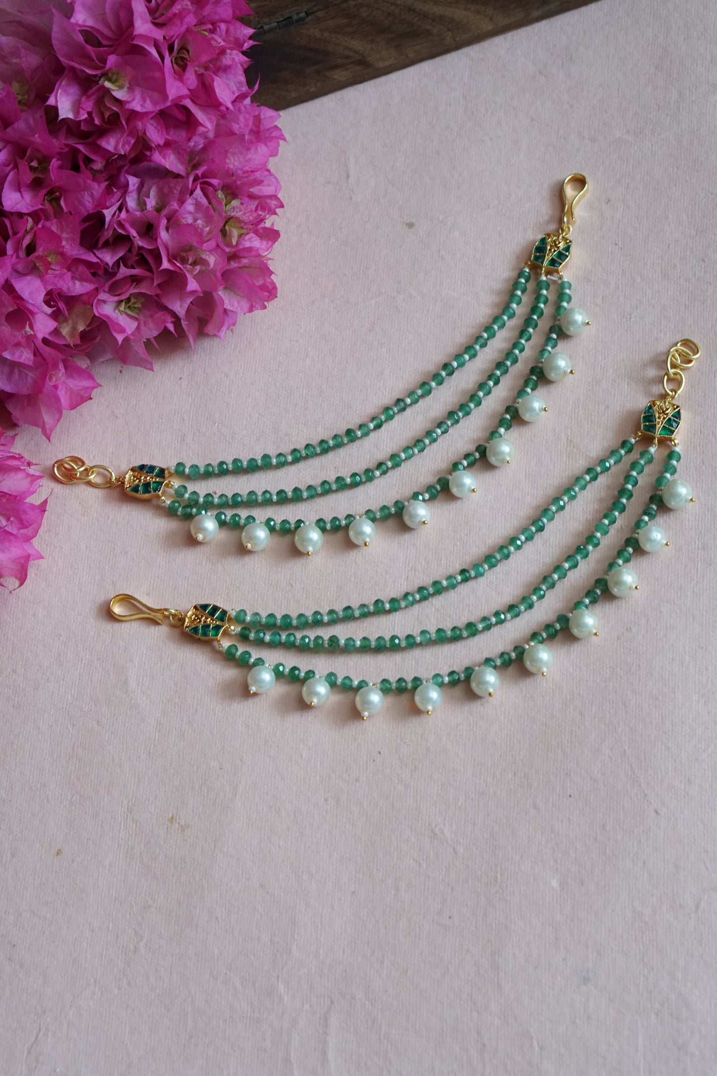 Green beads 3line earchain H1-144