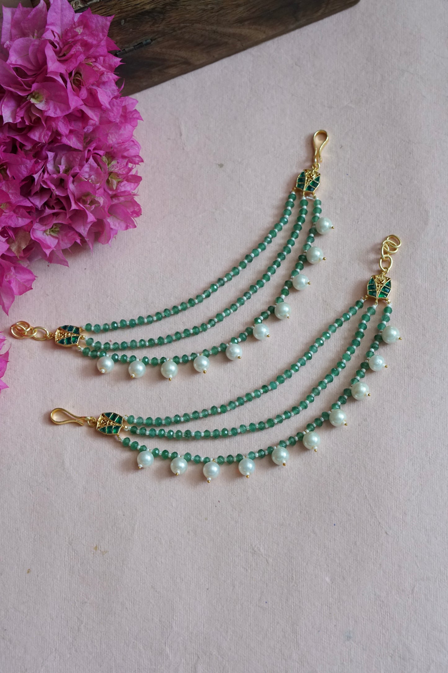 Green beads 3line earchain H1-144