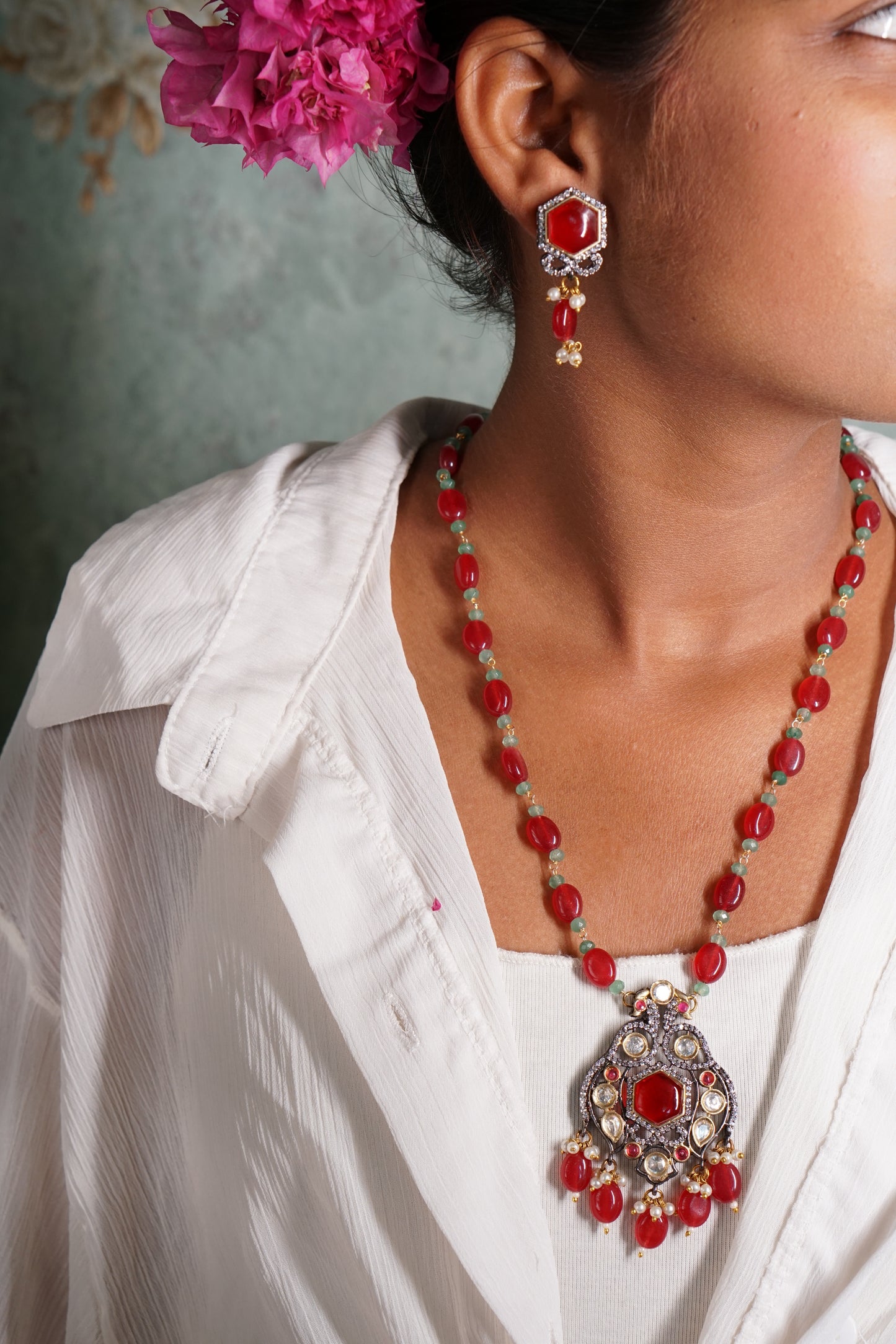 Maroon Polki Necklace Set H1-048