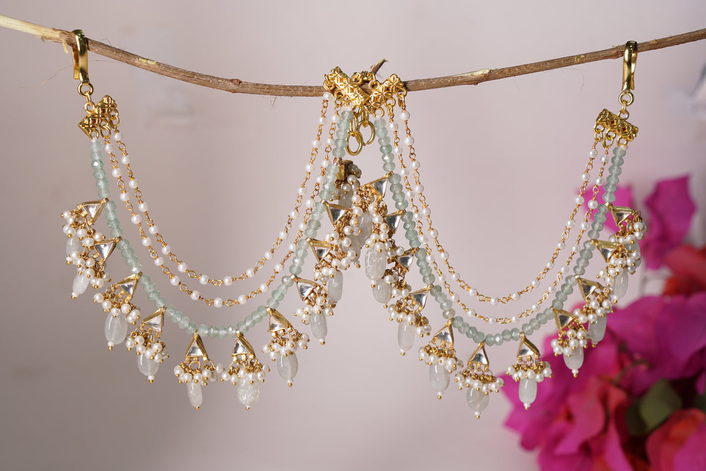 Mint Mani Kundan 3 Line Earchain H1-216