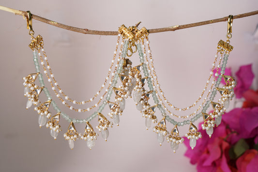 Mint Mani Kundan 3 Line Earchain H1-216