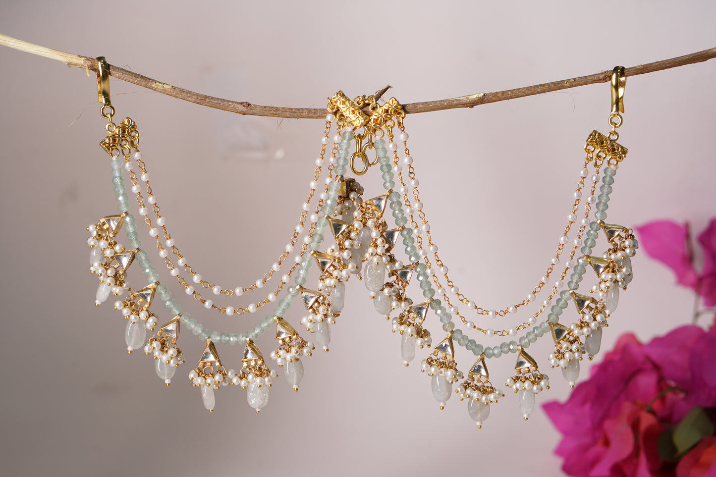 Mint Mani Kundan 3 Line Earchain H1-216