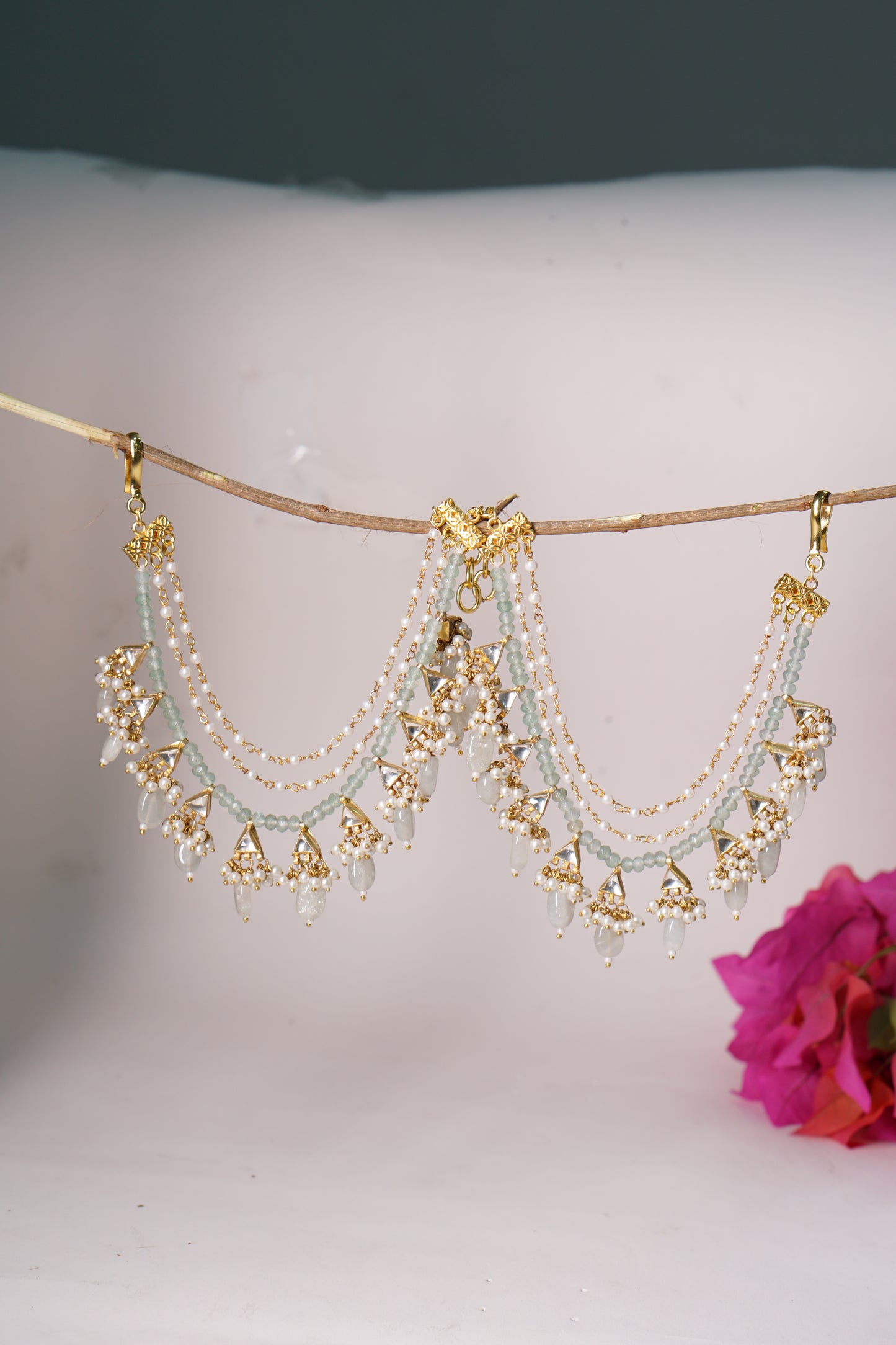 Mint Mani Kundan 3 Line Earchain H1-216
