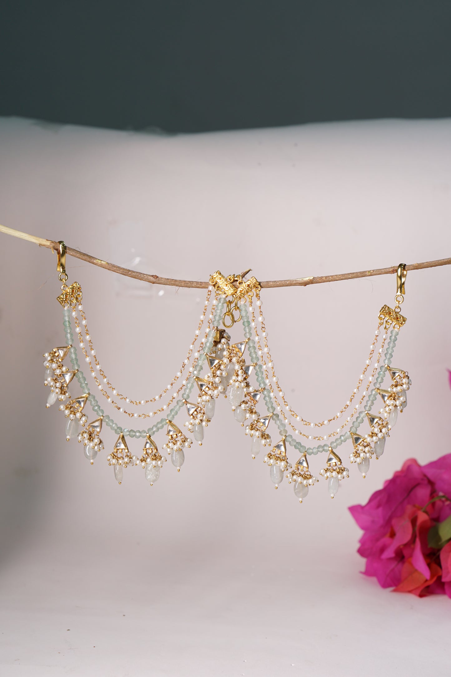 Mint Mani Kundan 3 Line Earchain H1-216