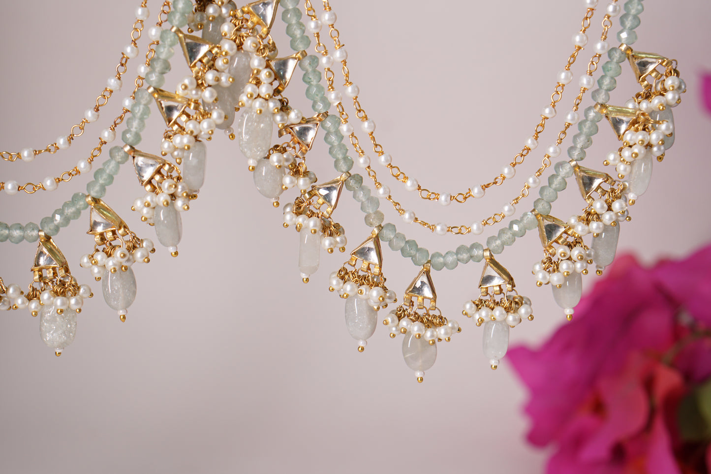 Mint Mani Kundan 3 Line Earchain H1-216