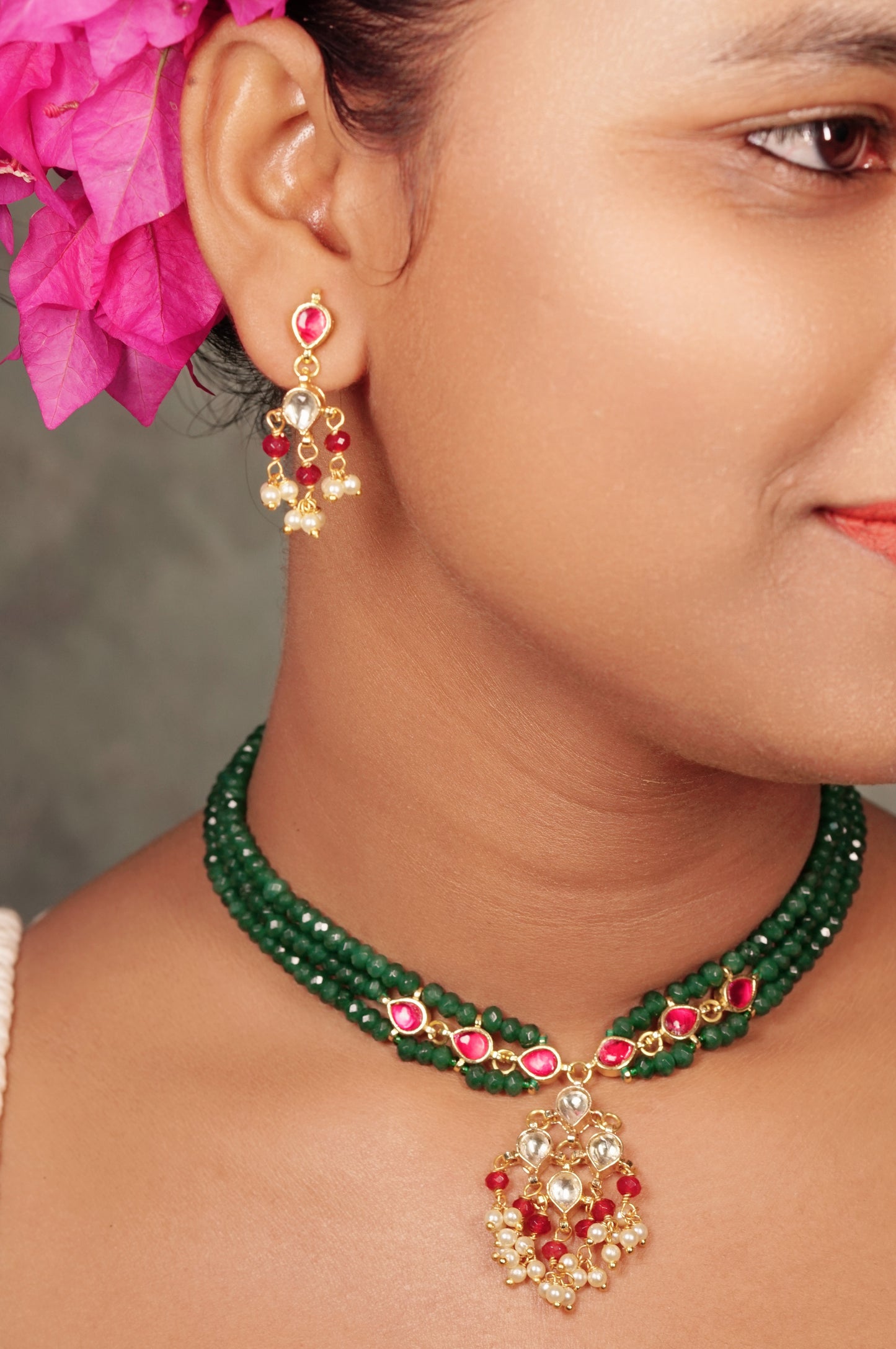 Green  Beads Kundan Necklace Set 4-8106