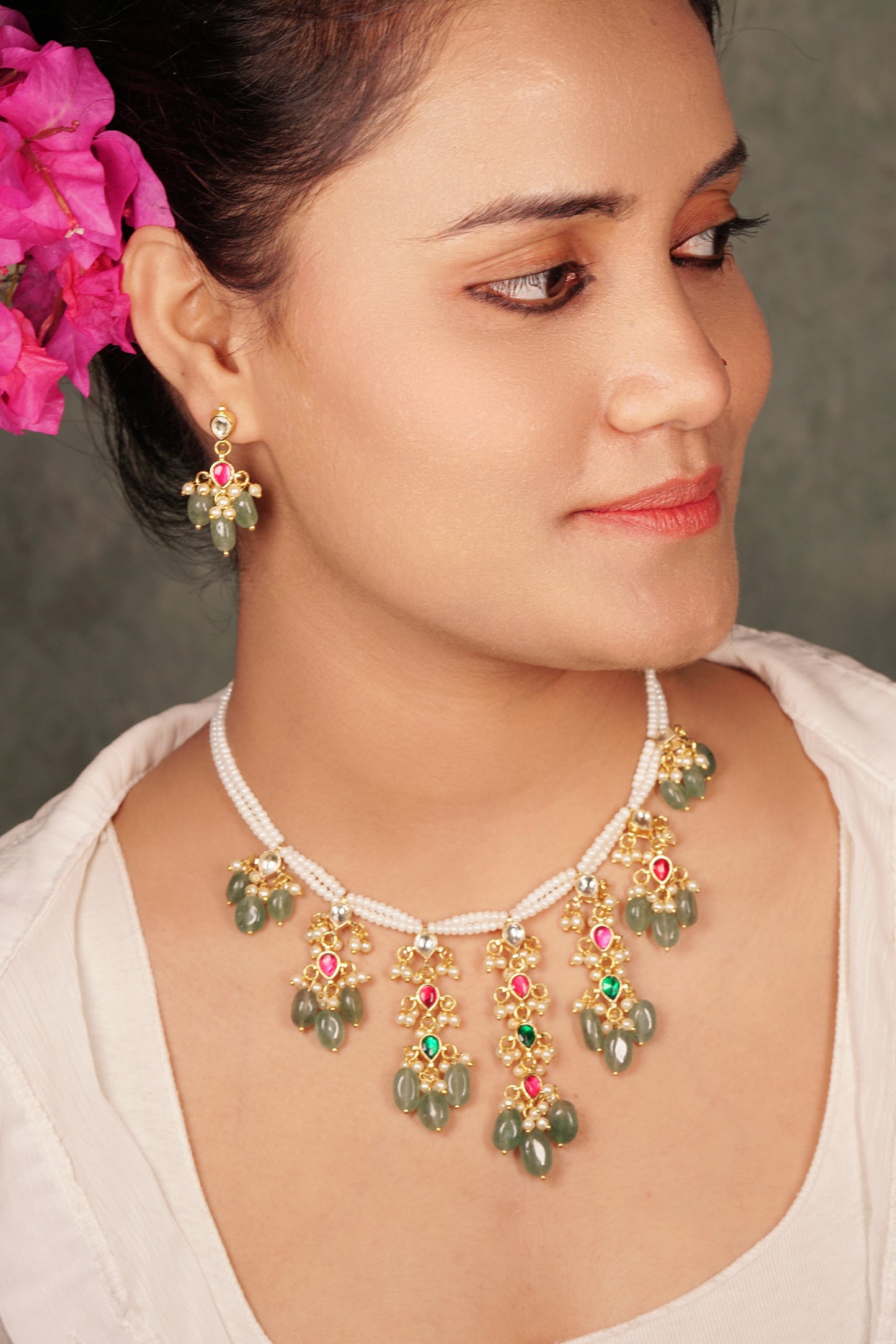 Mint Beads Kundan Necklace Set 4-8107