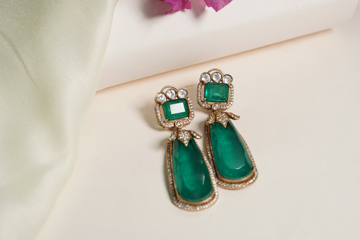 Green Stone long Polki Earrings H1-082