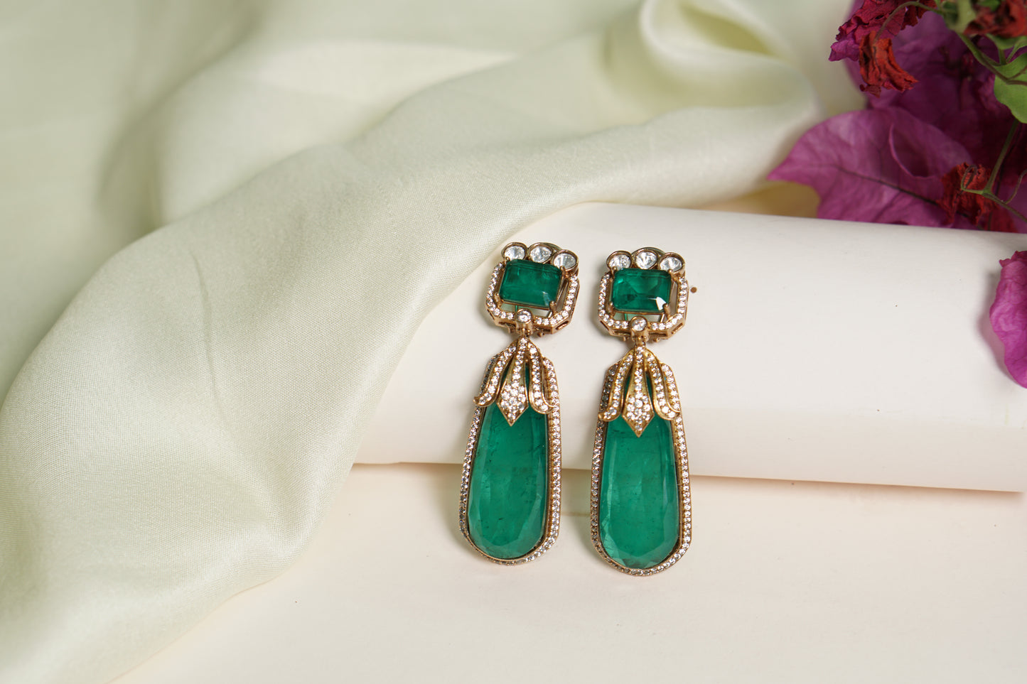 Green Stone long Polki Earrings H1-082