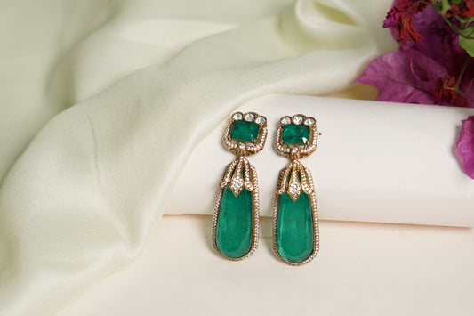 Green Stone long Polki Earrings H1-082
