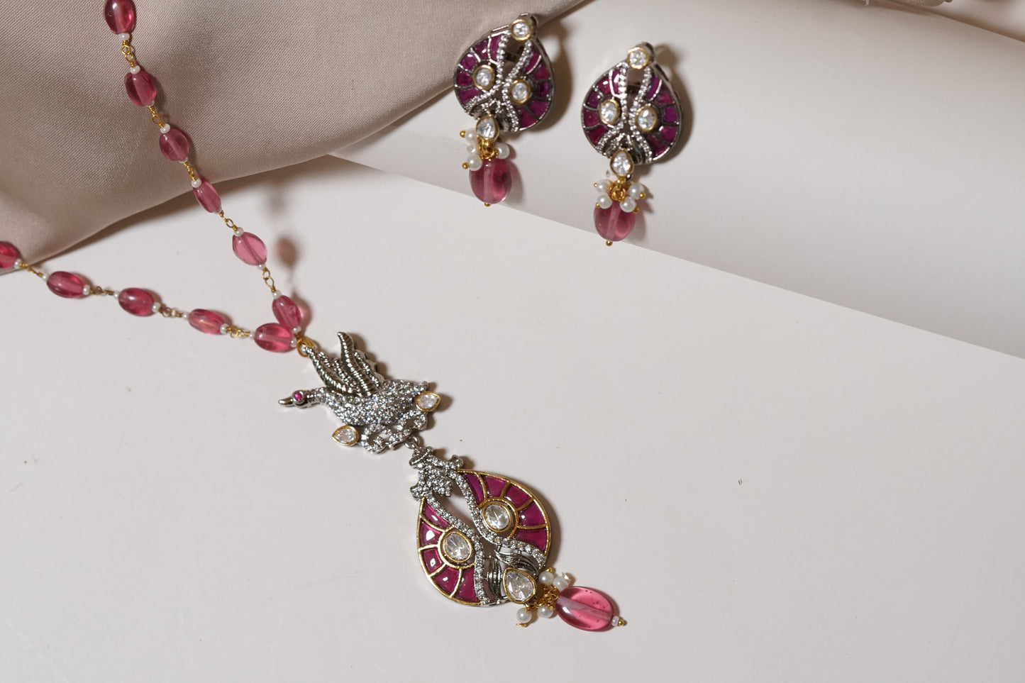 Pink Stone Polki Pendant set H1-049