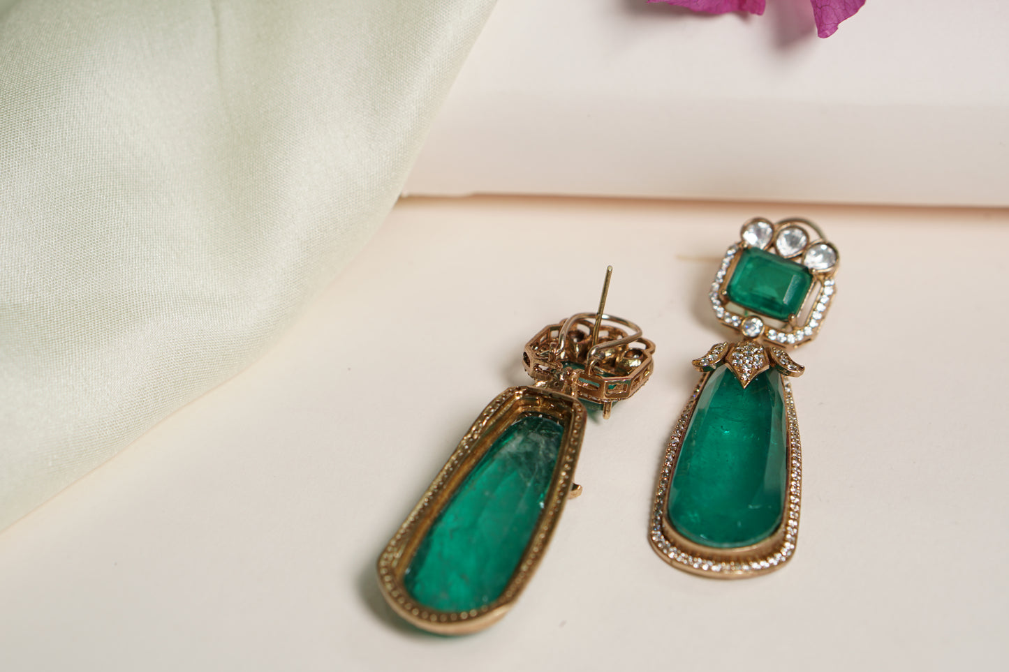 Green Stone long Polki Earrings H1-082