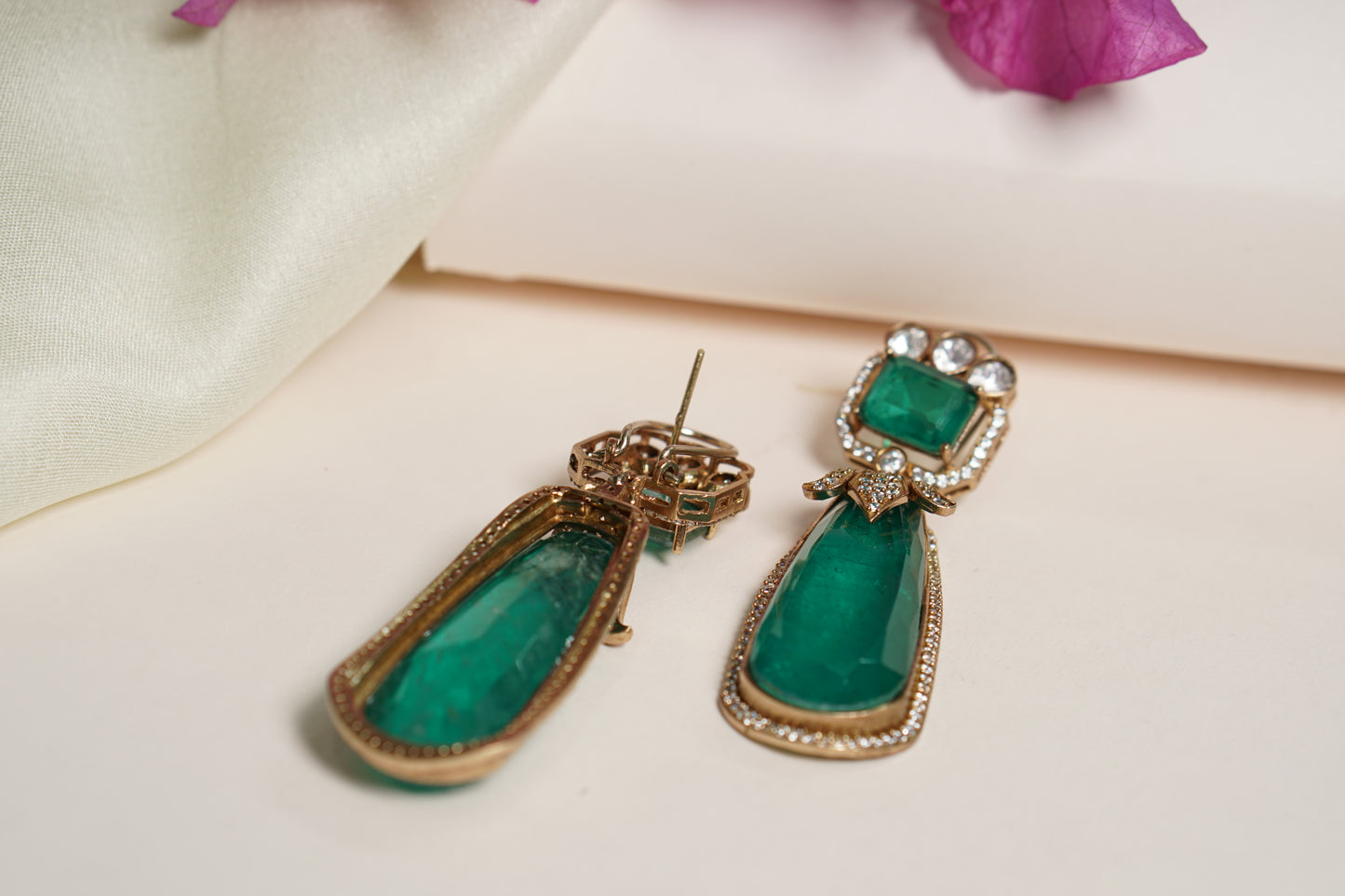 Green Stone long Polki Earrings H1-082