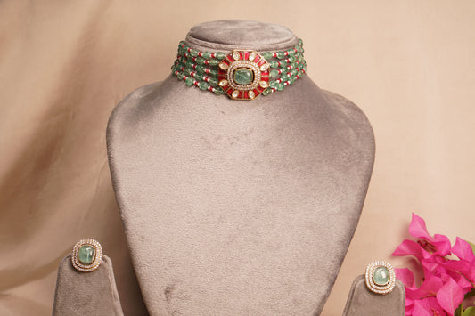 Pink mint Polki necklace set 4-7983