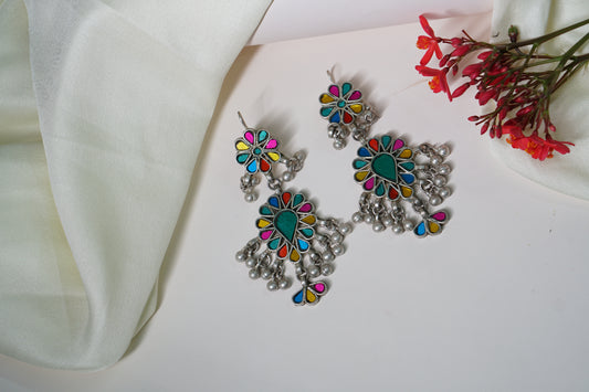 Multi colour mirror Oxidised Earring 1-2586