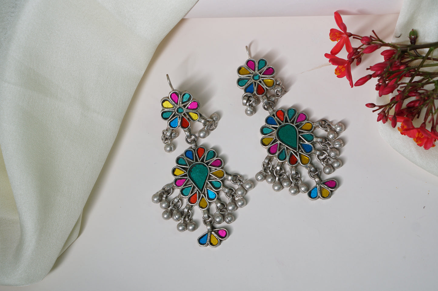 Multi colour mirror Oxidised Earring 1-2586