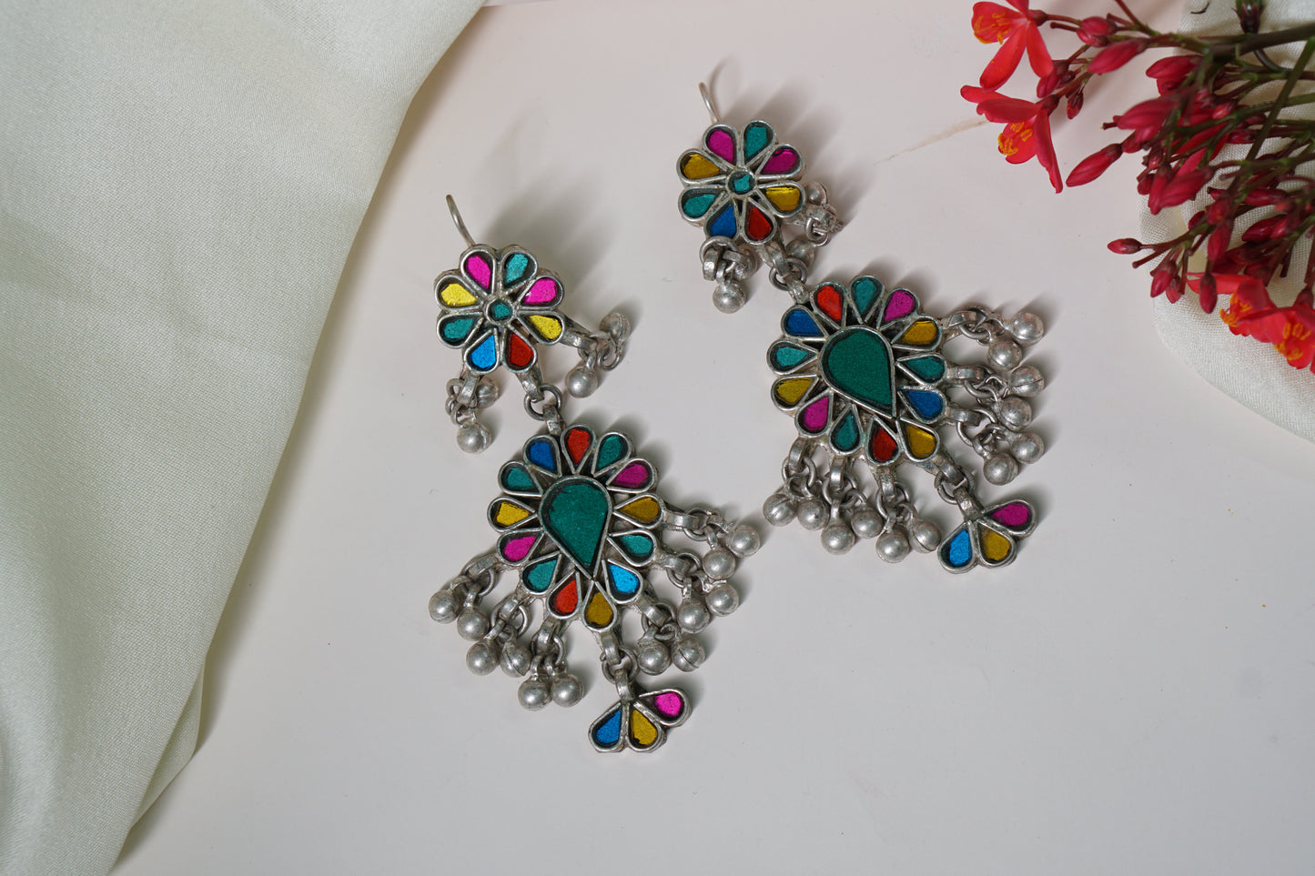 Multi colour mirror Oxidised Earring 1-2586