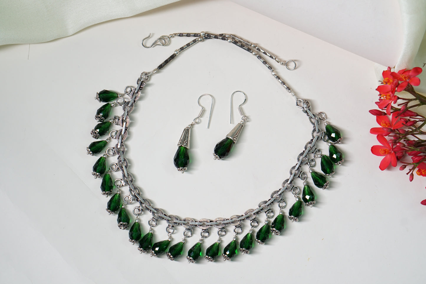 Dark green beads oxidised necklace set 4-6508