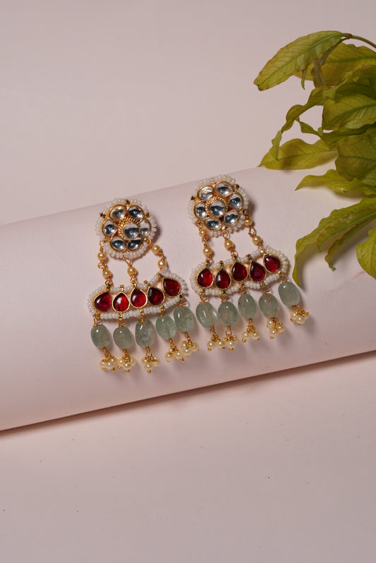Red Stone Green Pearls Kundan Earrings (H1-010)