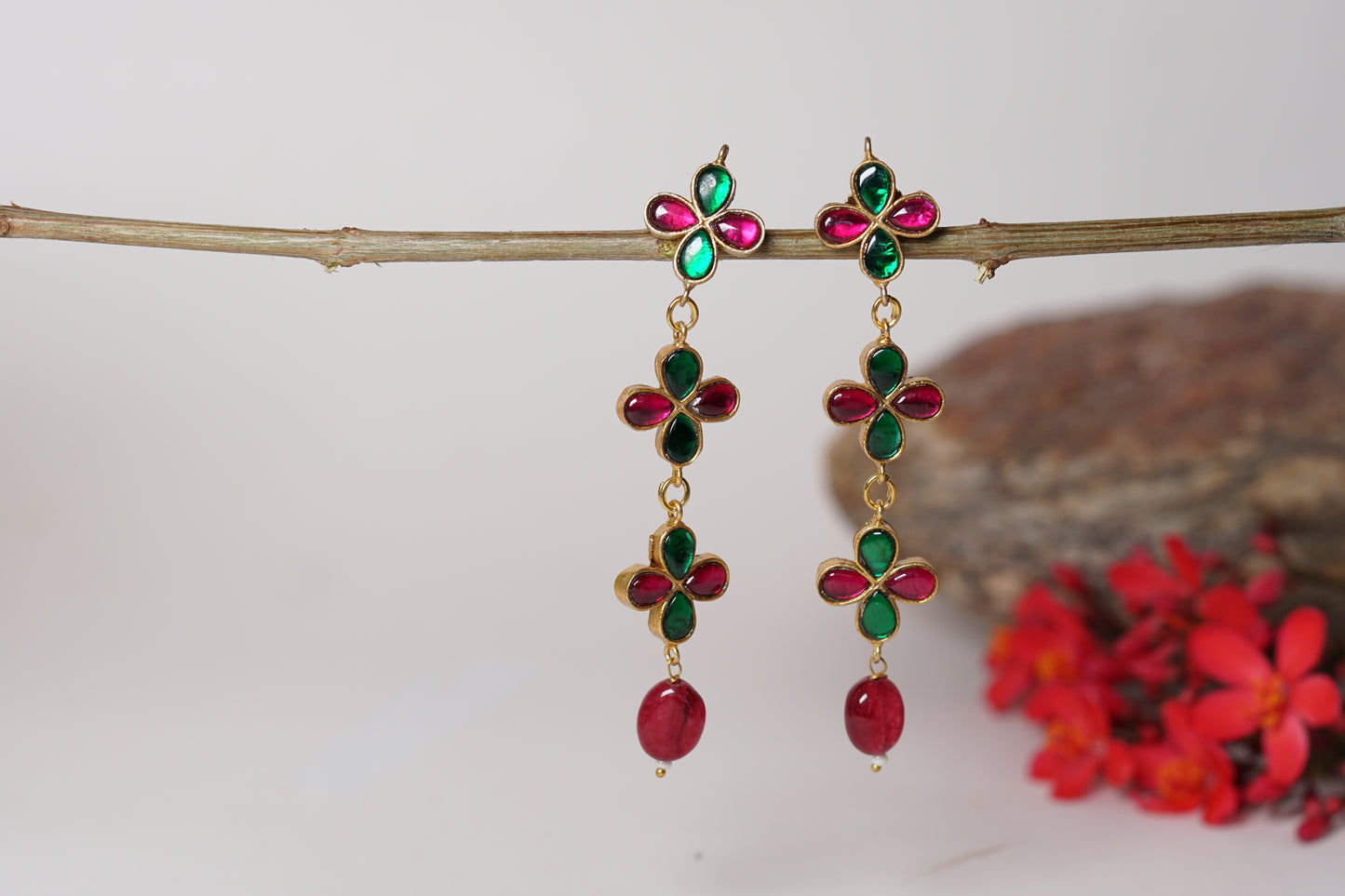 Pink Green Kundan Earrings H1-135
