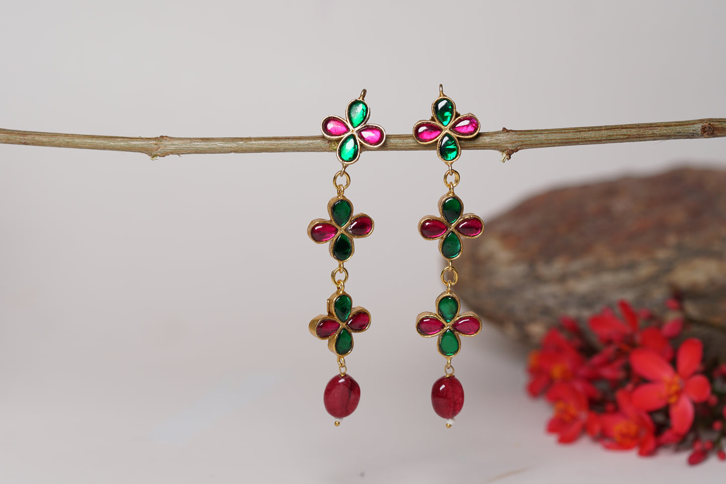 Pink Green Kundan Earrings H1-135