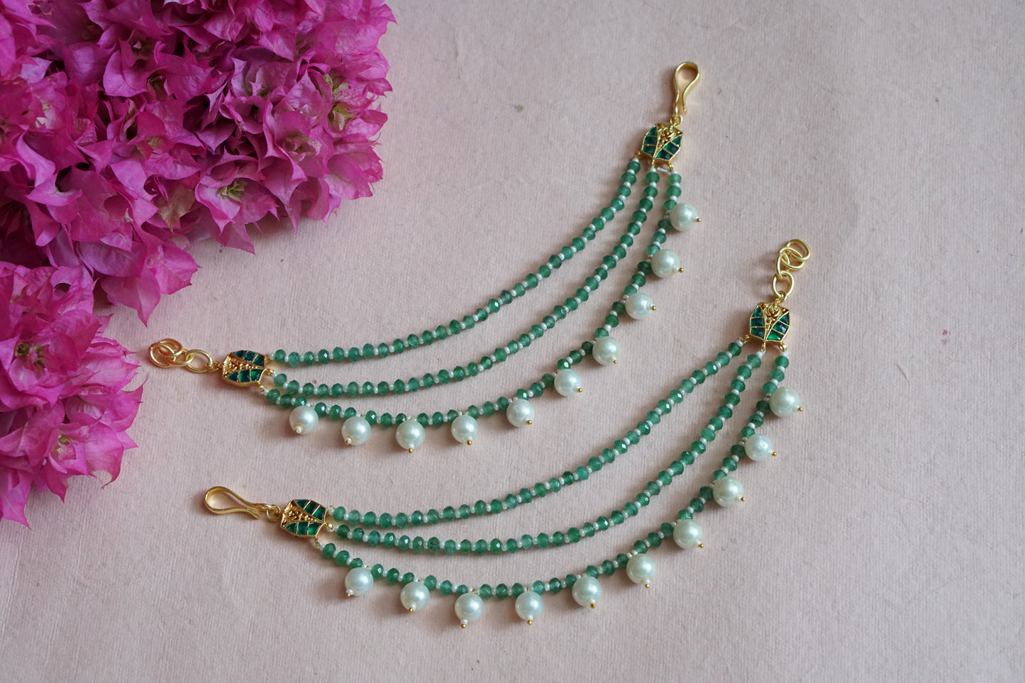 Green beads 3line earchain H1-144