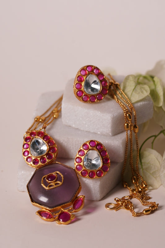 Purple polki pendant set with gold chain H1-030