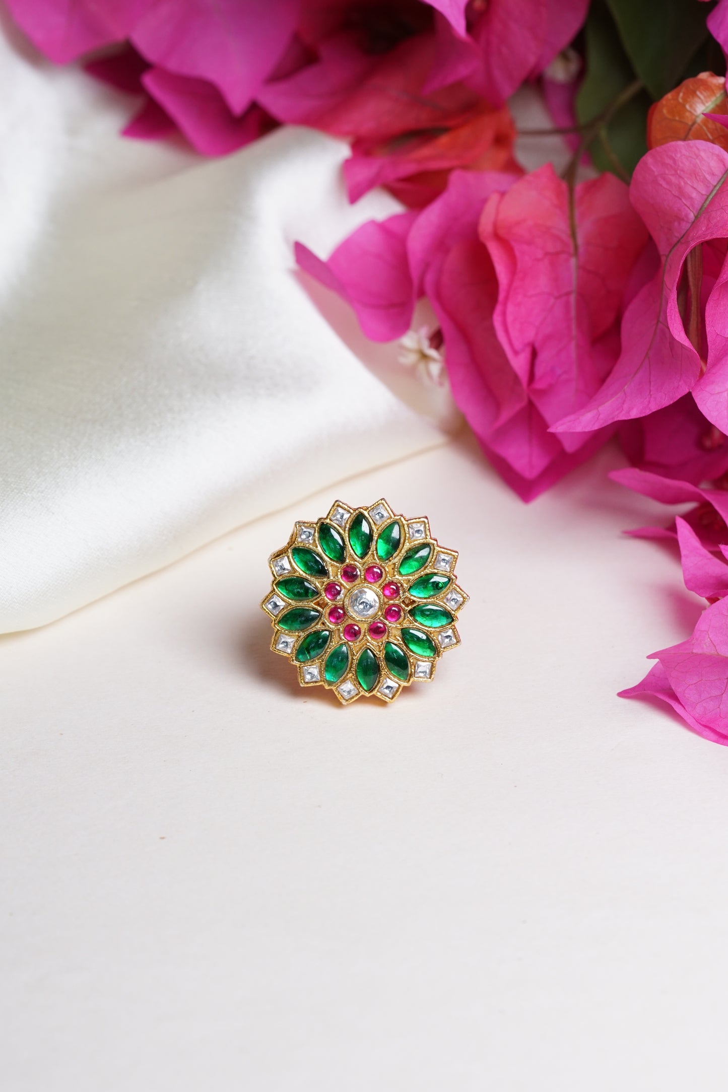 Green Pink Kundan Ring H6-4