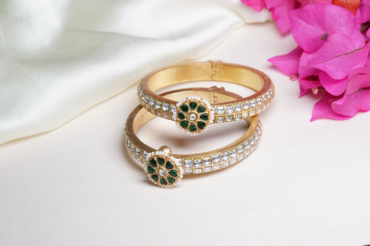 Green Flower Top Kundan Bangles (size 2’6) H3-02