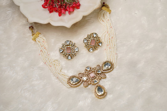 Pink polki necklace set H1-034