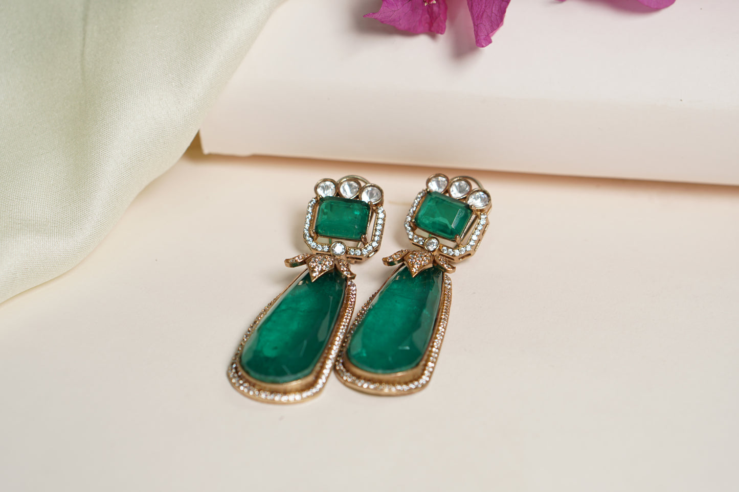 Green Stone long Polki Earrings H1-082
